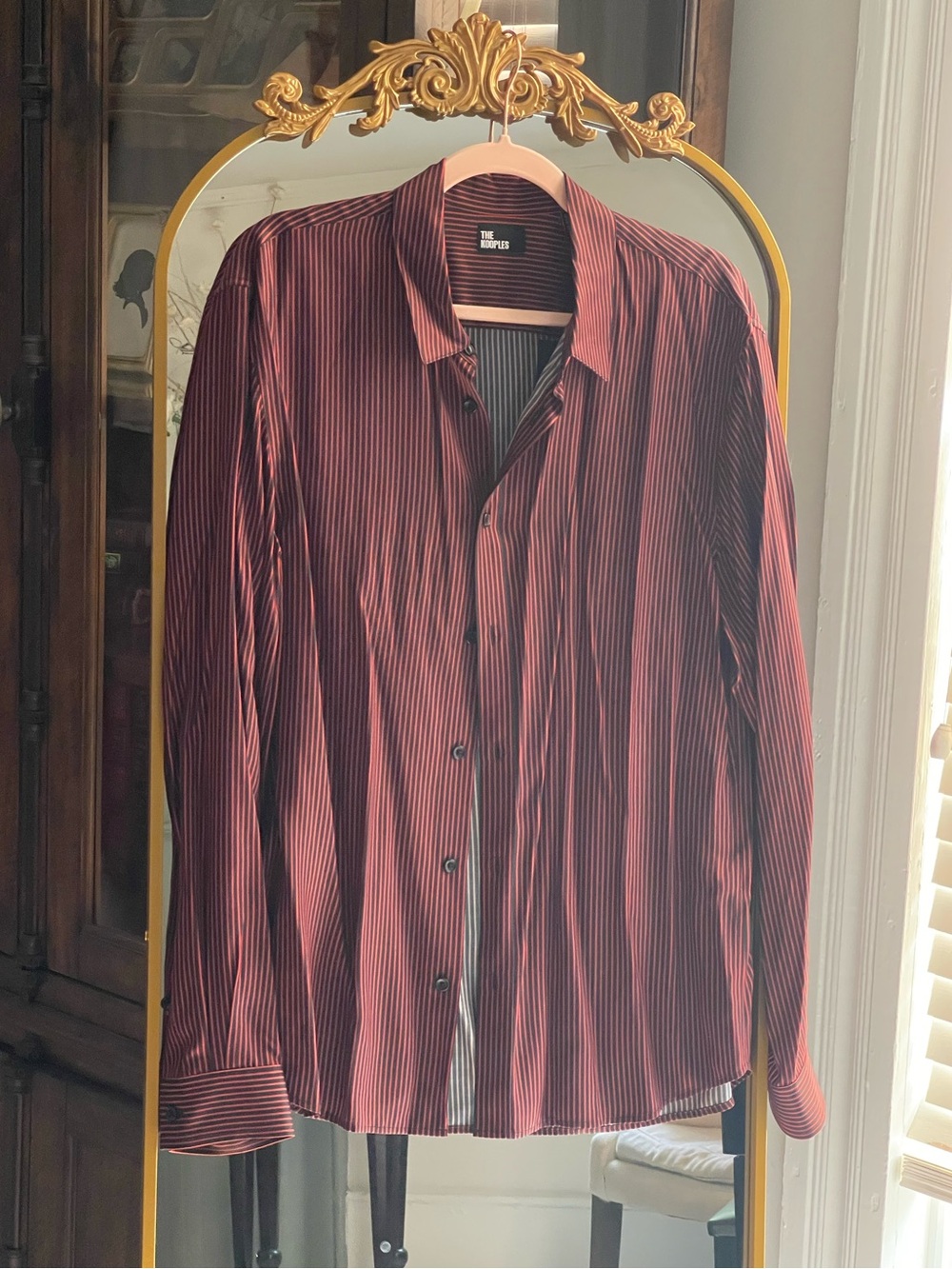 The Kooples NWT Micro Red and Black Striped Slim-Fit Silk-Blend Woven Shirt